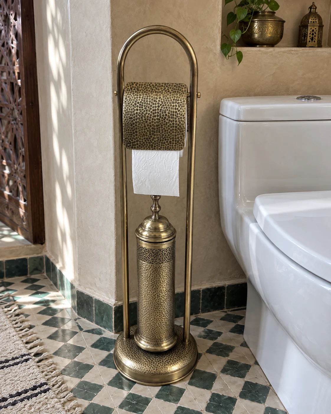 Combiné porte-papier et porte-balai en cuivre