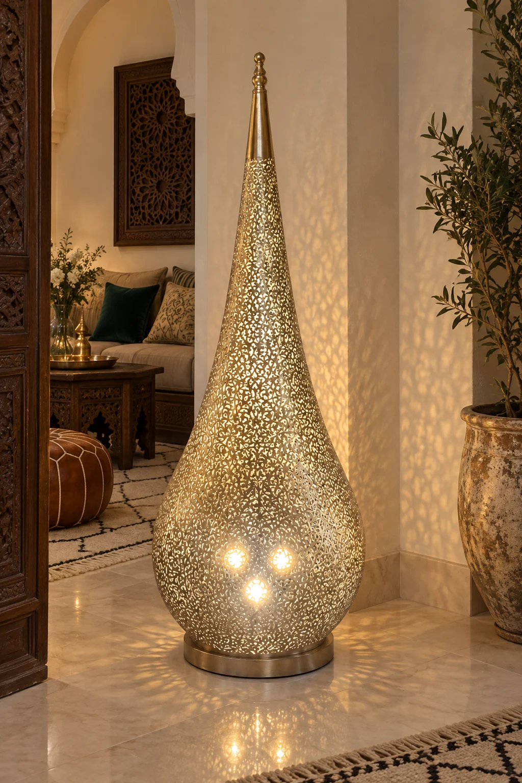 Lampe de sol Chouara goutte en cuivre jaune