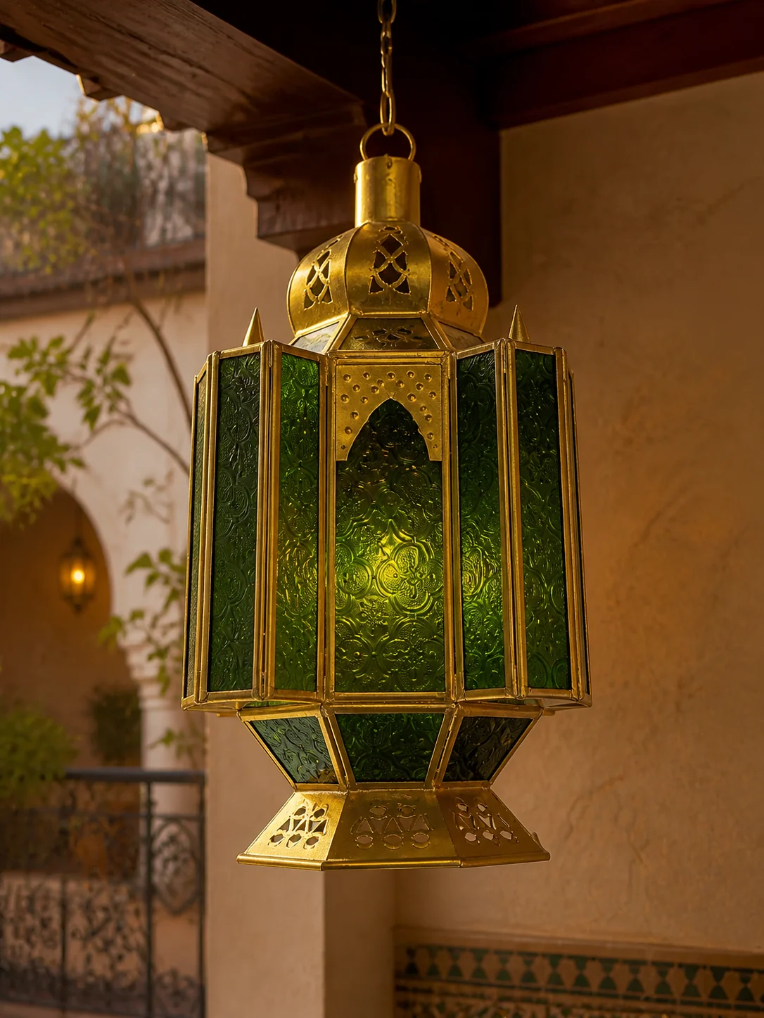 Lanterne Bab Boujloud verte en cuivre jaune — grand modèle