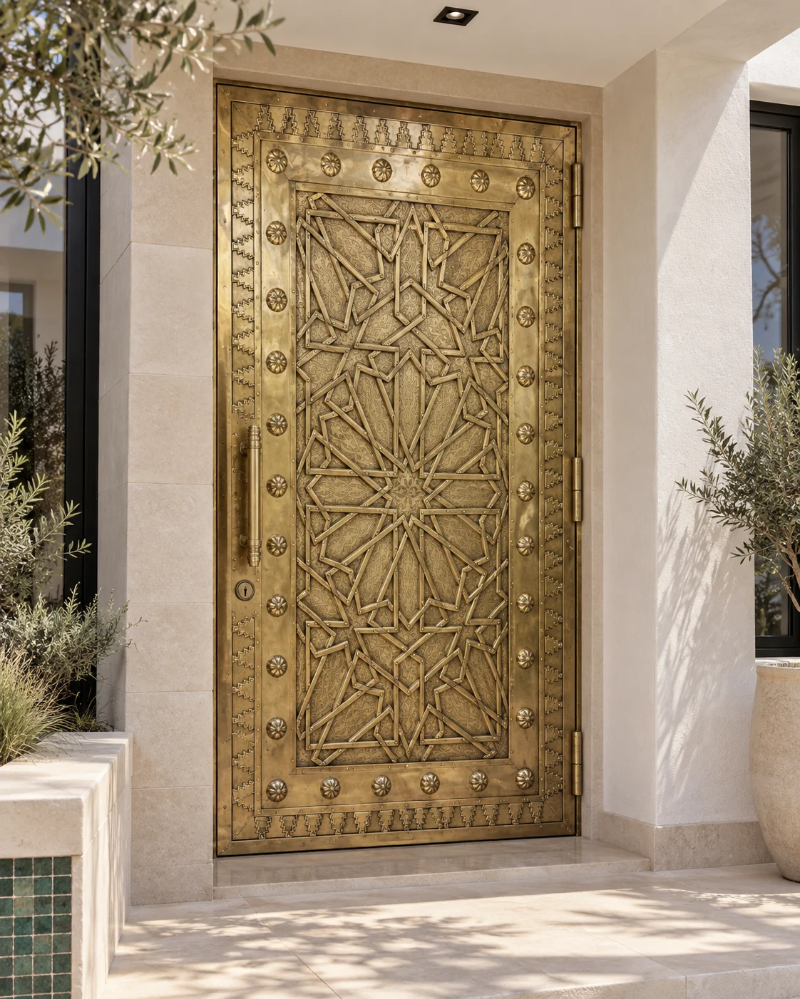 Porte d'entrée en cuivre jaune — motif géométrique