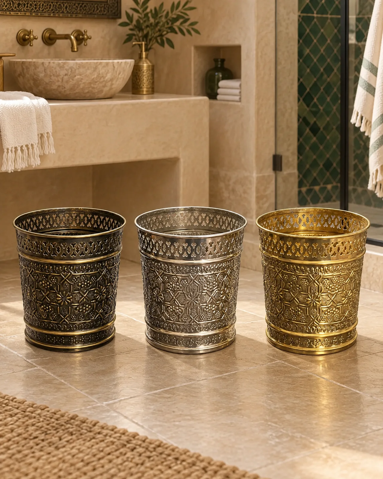 Poubelles de salle de bain en cuivre — trois finitions